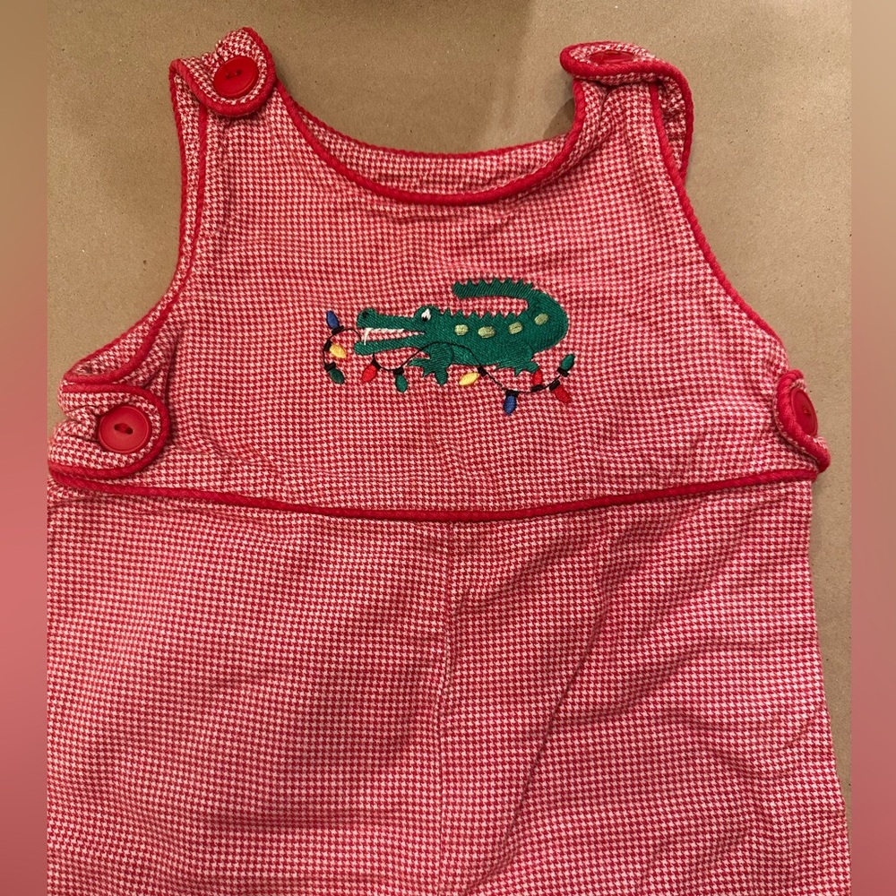 Just Ducky Christmas Jon Jon 18m. Embroidered gator with Christmas lights.